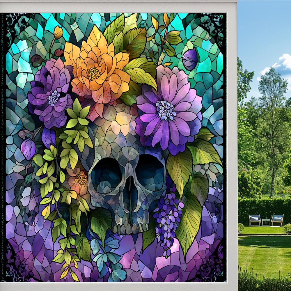 Gothic Skull Privacy Window Film, Colorful Floral Horror Theme Frosted Self-Adhesive Vinyl Cling for Glass Doors Bathroom Windows Sun Blocking Heat Control,（55x120cm）
