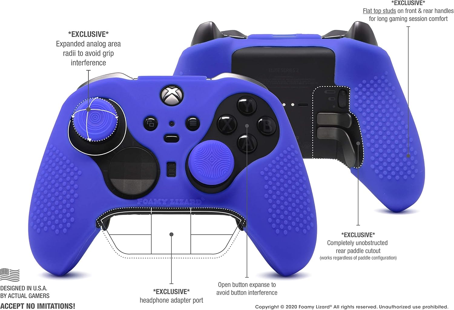 Elite Series 2 Studded Grip Skin for Xbox One Elite Series 2 Controller (NOT for Series X/S/Elite 1) by Foamy Lizard - Sweat Free Silicone w/Flat Top Anti-Slip Studs + 8 QSX-Elite Thumb Grips (Blue)