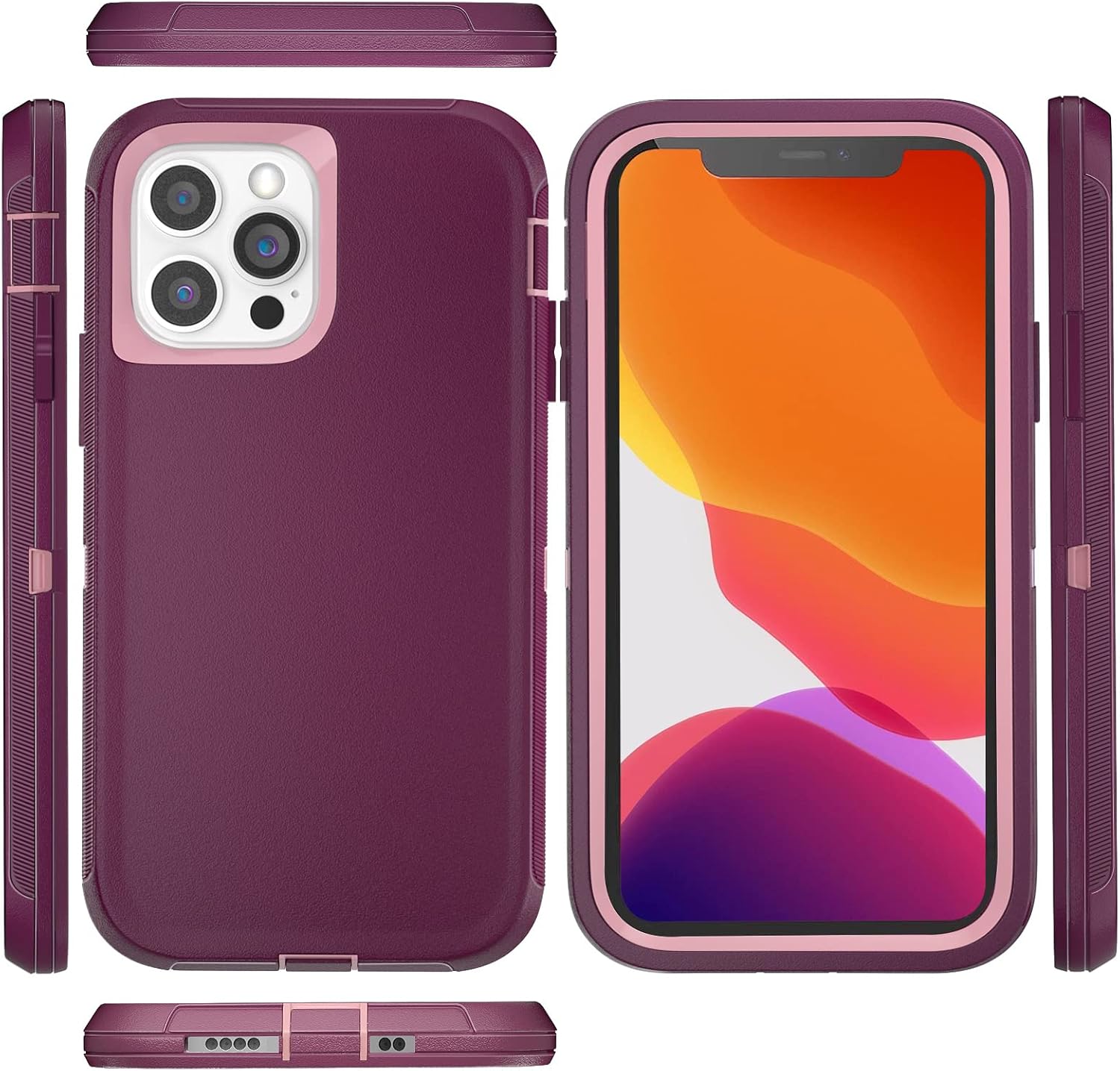 for iPhone 11 Pro Case with 2 Screen Protector Tempered Glass, Heavy Duty Military Grade Cover Shockproof Drop-Proof Full Body Protection Phone Case 5.8" [Wine+Pink] - Image 2