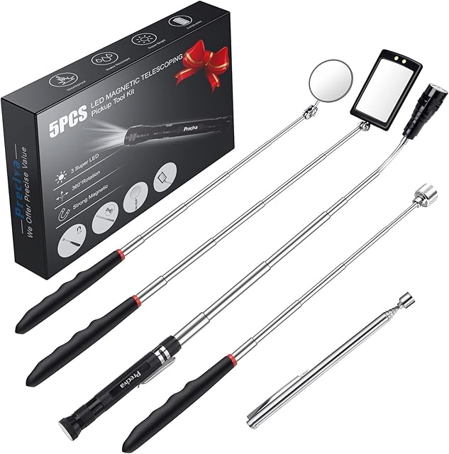 5 Pieces Magnetic Telescoping Pickup Grabber Tool, Extendable Tool Kit with LED Light, Including 15 lb/1 lb/Round/Square Inspection Mirror/Telescoping Handle 360° Swivel for Extra Viewing and Pickup