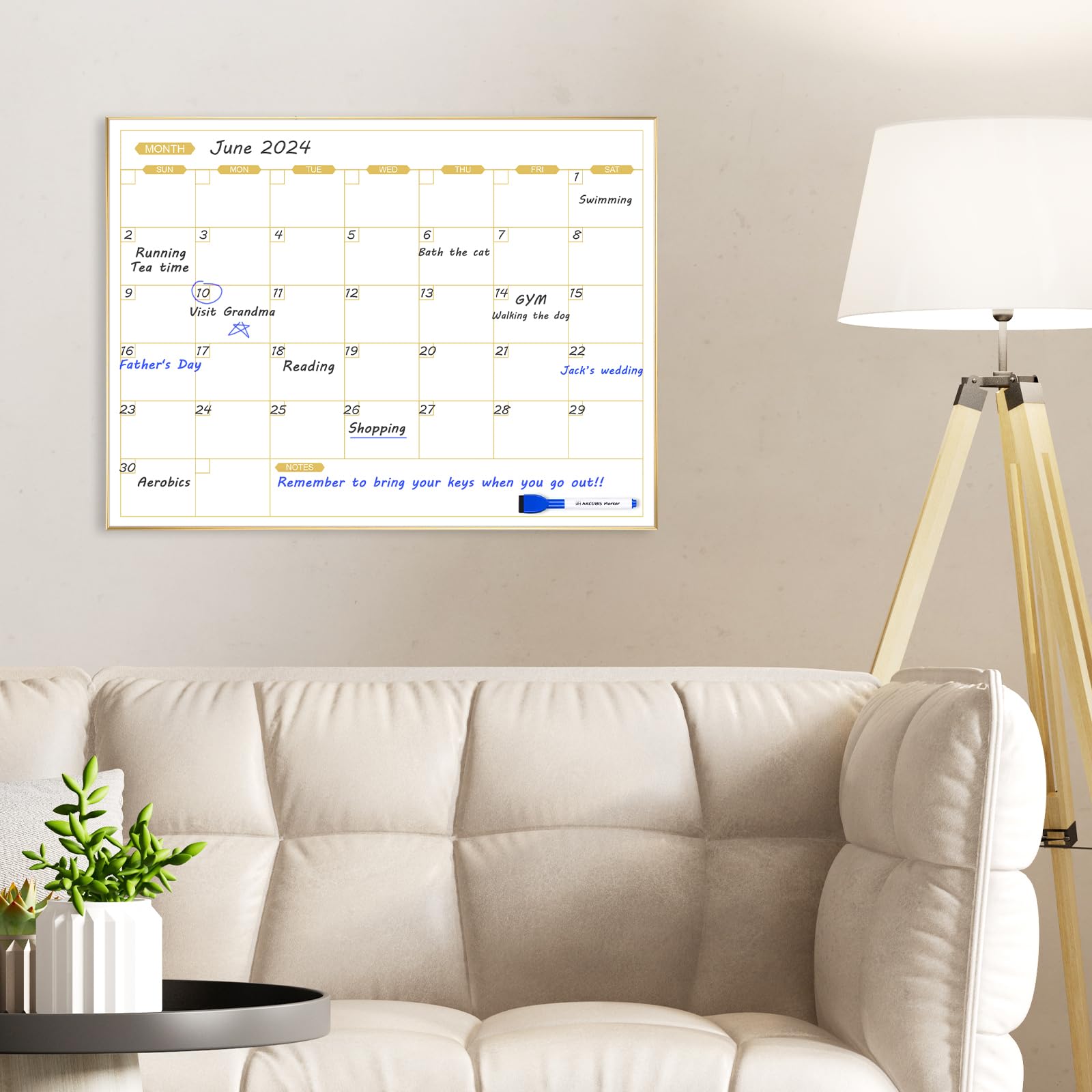 ARCOBIS Calendario mensual de pizarra blanca, calendario magnético de borrado en seco de 24 x 18 pulgadas con marco dorado, planificador colgante de pared para el hogar, oficina, escuela