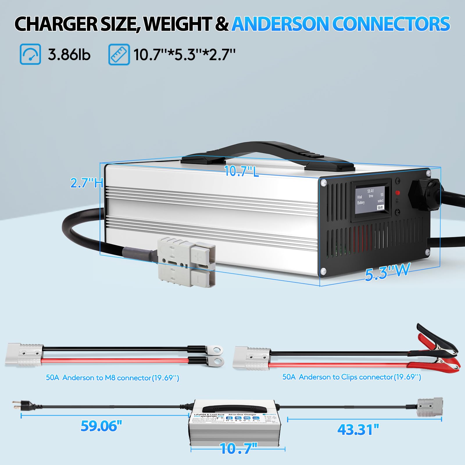 Cargador de batería LiFePO4 y AGM de 24 V/36 V/48 V, LiFePO4 29,2 V, 43,8 V, 58,4 V y ácido de plomo (AGM/Gel/FLA) 24 V/36 V/48, corriente ajustable 4 A-18 A con pantalla LCD