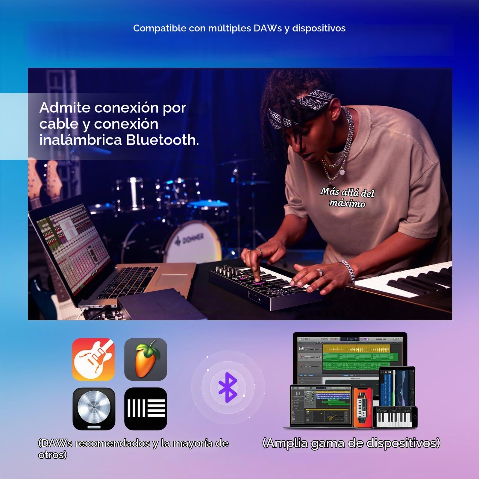 TERENCE Teclado MIDI 25 Teclas Profesional Controlador MIDI Keyboard 500mAh 8 Pads RGB Perilla Infinita de 360° 8 Perillas Asignables Pantalla OLED Compatible con Múltiples DAWs y Dispositivos