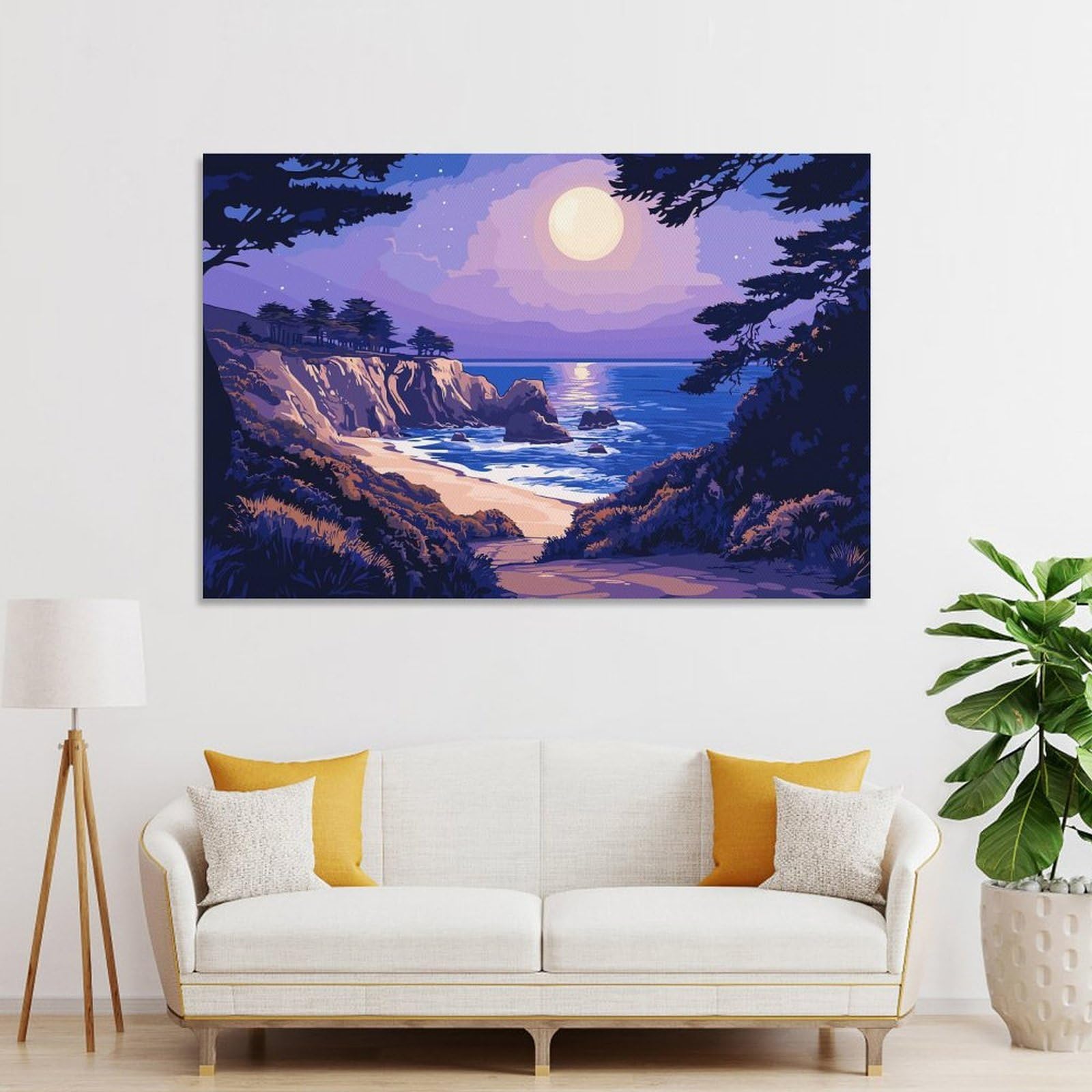Junmoney Unframe-Style-12-1 Hanging Wall Art Coastal Moonlight Landscape, 12X18inch(30X45cm), For Gallery Wall Layouts In Home Or Office, An Easy Match For Collected Prints