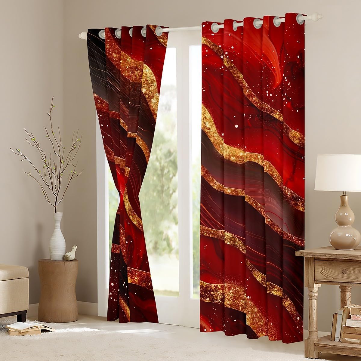 Marble Print Blackout Curtains,Gold Marbling Geometric Stripes Window Drapes for Boys Girls Adults,Artwork Abstract Stone Red Black Bright Window Treatments Grommet Top 2 Panel Set,42Wx84L inch