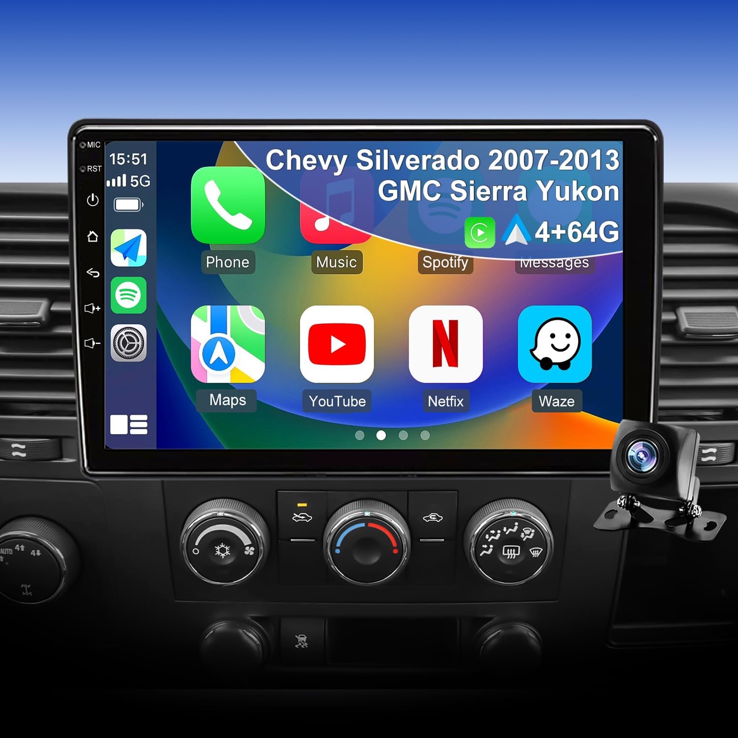 4+64GB 5GWiFi6 Upgrade Car Radio for Chevy Silverado 1500 GMC Sierra 1500 2007-2013, Tahoe Yukon 2007-2014, Equinox Acadia Savana 10" Touch Screen Stereo, Wireless Carplay Android Auto Camera GPS FM