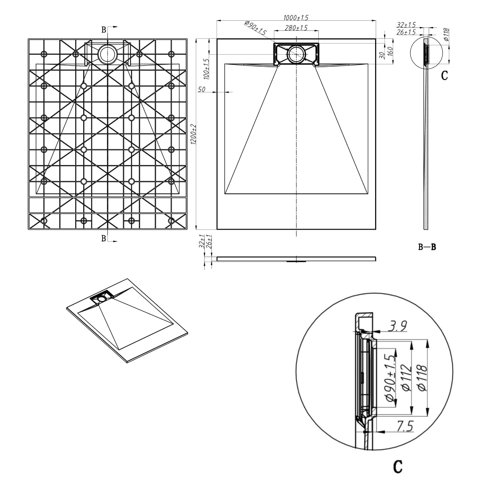 WITEN&NOCK Duschwanne 120x100 cm SMC Brausewanne Weiß Steinoptik Antirutsch Duschtasse Höhe 3,2 cm Niedrige Schwelle Extraflach Brausetasse mit Ablaufgarnitur Ø 90 mm