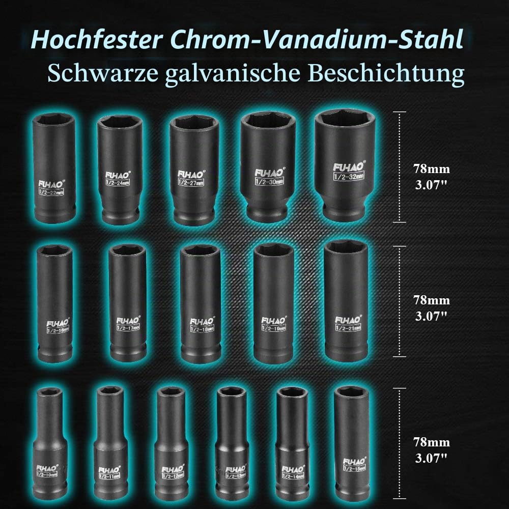 Anbull 16tlg Schlagschrauber Stecknuss Set 1/2" 10-32mm tiefe Sechskant | CR-v Material, für den Einsatz mit elektrischen, Langnuss set, Impact Socket Set, Antrieb Sechskant Nüsse Schlagnüsse