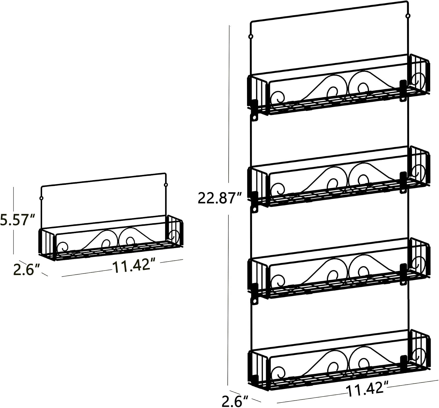 SWOMMOLY Hanging Spice Rack Organizer, 4 Tier Wall Mount Spice Rack Stackable Foldable Spice Shelf Storage Racks, Black, Medium. Perfect for Wall, Cupboard or Pantry Door