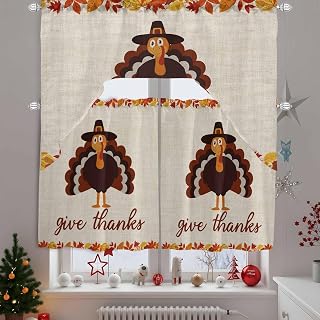 Thanksgiving Turkey Swag Valance and Tier Curtains 36'' Length Set, Orange Maple Leaf Vintage Beige Light Filtering Kitchen Curtains, Tier Curtain Valances for Bathroom/Living Room/Bedroom/Café