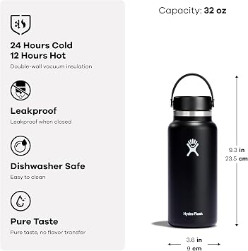 Hydro Flask Water Bottle - Insulated Stainless Steel - Wide Mouth Flex Lid, Non Spill, Leakproof and Refillable in 32 Oz