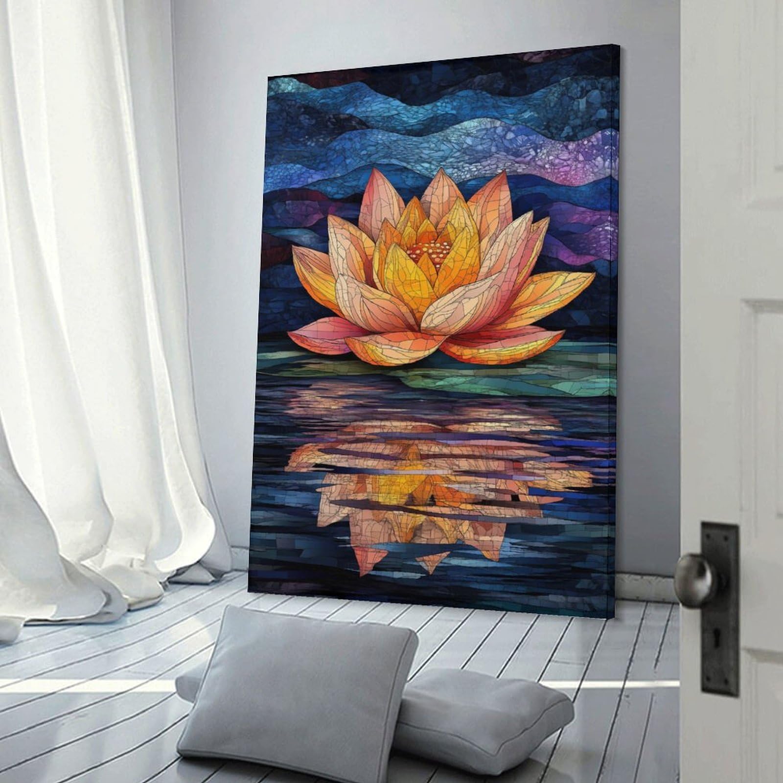 Junmoney Frame-Style-8 Water Lily Reflection Stained Glass Art Wall Picture Print, 20X30inch(50X75cm), For Gallery Wall Decor And Room Displays, A Versatile Canvas Print For Layering