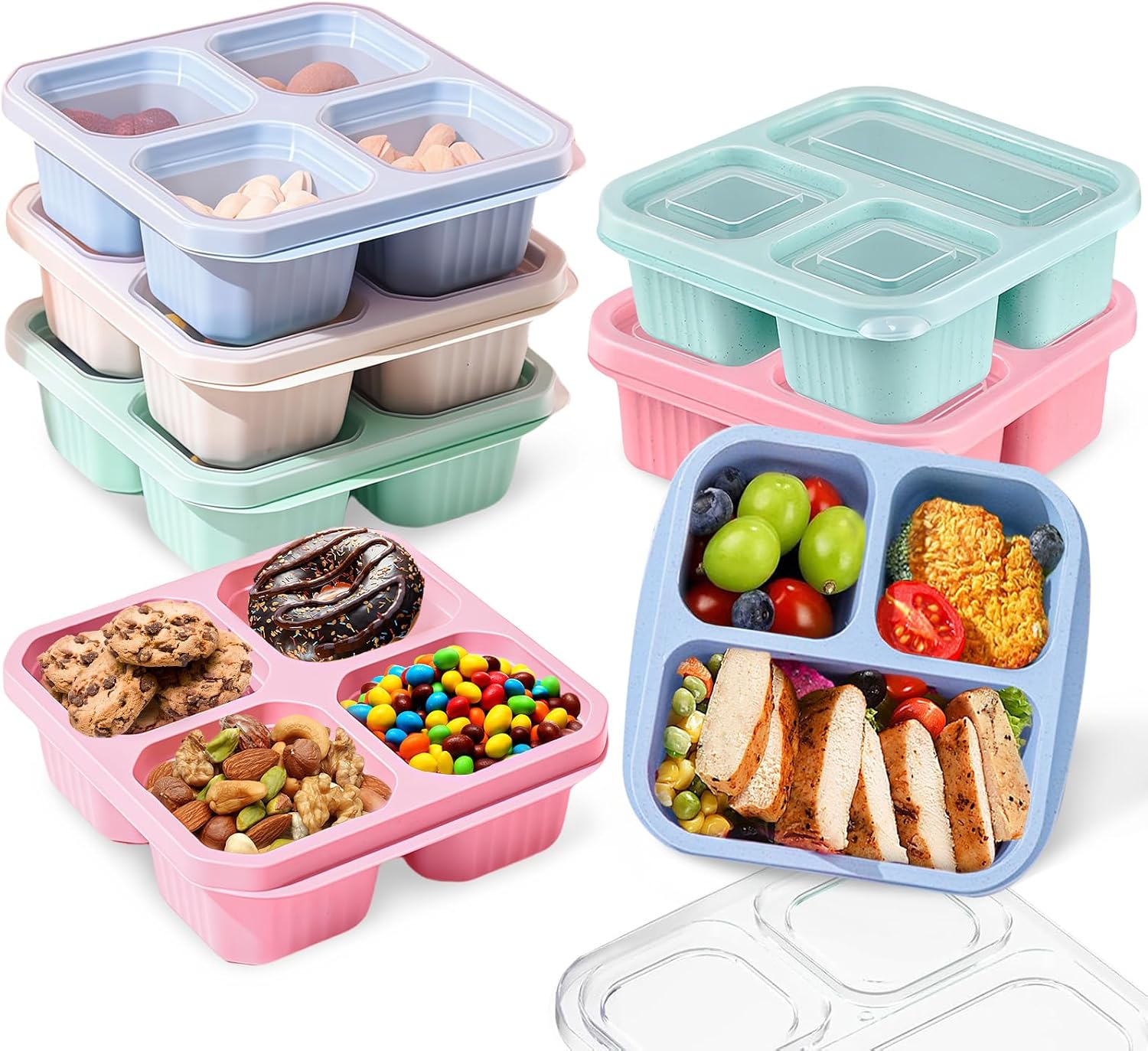 7 Pack Snack Box with Compartments, Snack Boxes for Kids, Reusable Bento Lunch Boxes with Transparent Lids, Kids Adults Leakproof Divided Food Storage for School Work Travel Pink/Beige/Green/Blue