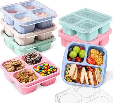 7 Pack Snack Box with Compartments, Snack Boxes for Kids, Reusable Bento Lunch Boxes with Transparent Lids, Kids Adults Leakproof Divided Food Storage for School Work Travel Pink/Beige/Green/Blue