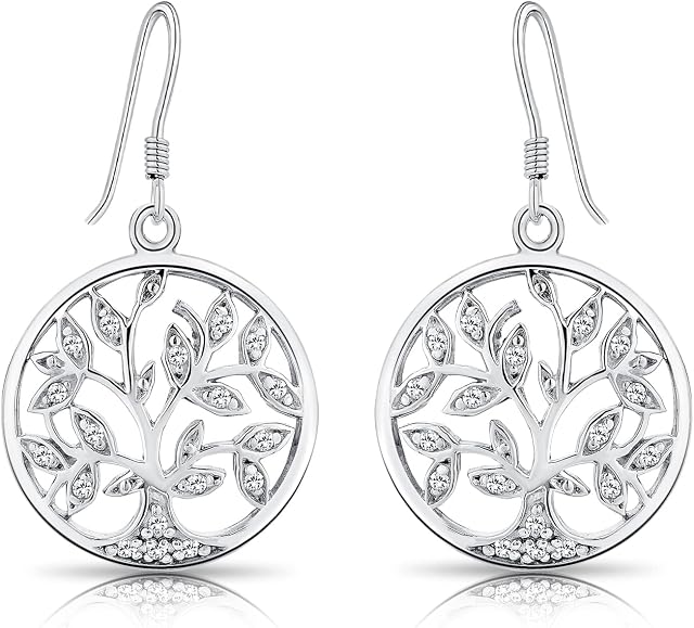 DTPSilver - 925 Sterling Silver and Cubic Zirconia Tree of Life Dangle Earrings