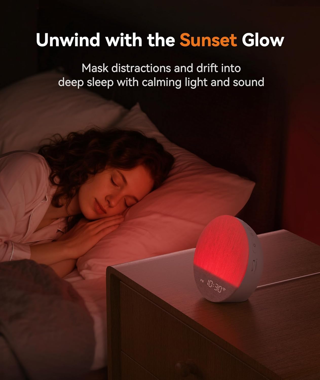 A person sleeping peacefully in bed with the Dreamegg Sunrise 1+ emitting a soft, red-orange glow, simulating a sunset.