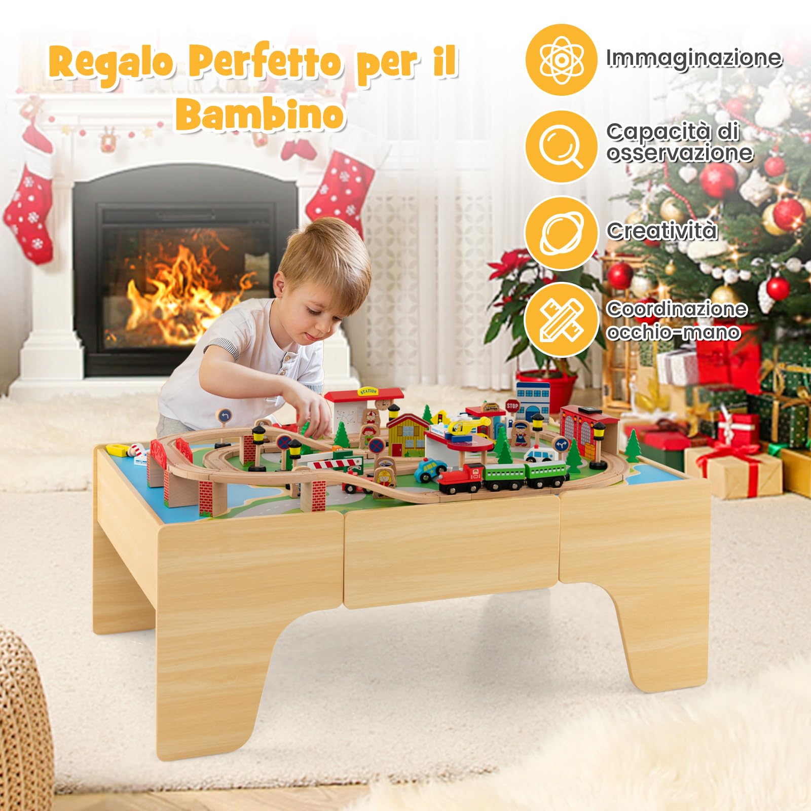 GYMAX Tavolo e Set Ferrovia in Legno, Set Gioco Colorato da 80/84 Pezzi con Piano Reversibile, Cassetto, Binari, Treni, Figure, Macchinine, Tavolo Giocattolo Educativo per Bambini 3 Anni+ (Stile 1)