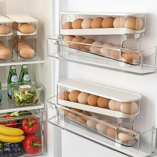 Miniatura 1 de Dispensador automático de huevos para refrigerador, organizador de huevos para refrigerador que ahorra espacio y almacenamiento con tapa, bandeja de