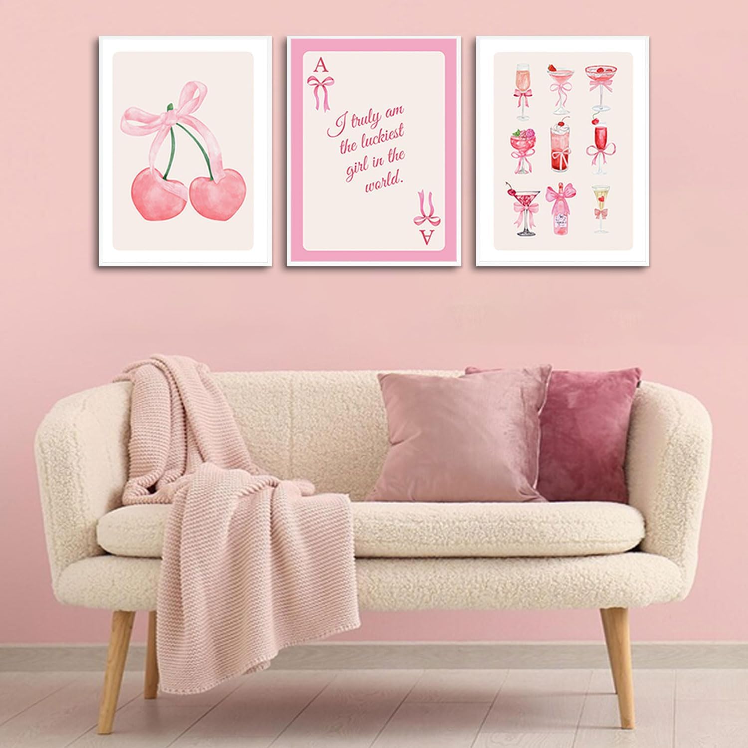 YHLARTQR 3Pcs Trendy Pink Cherry Bows Wall Art Coquette Preppy Wall Decor Posters Pink Cocktail Painting Pictures Lucky Girl Poker CanvasPrints for College Apartment Home Decoration 12x16in Unframed