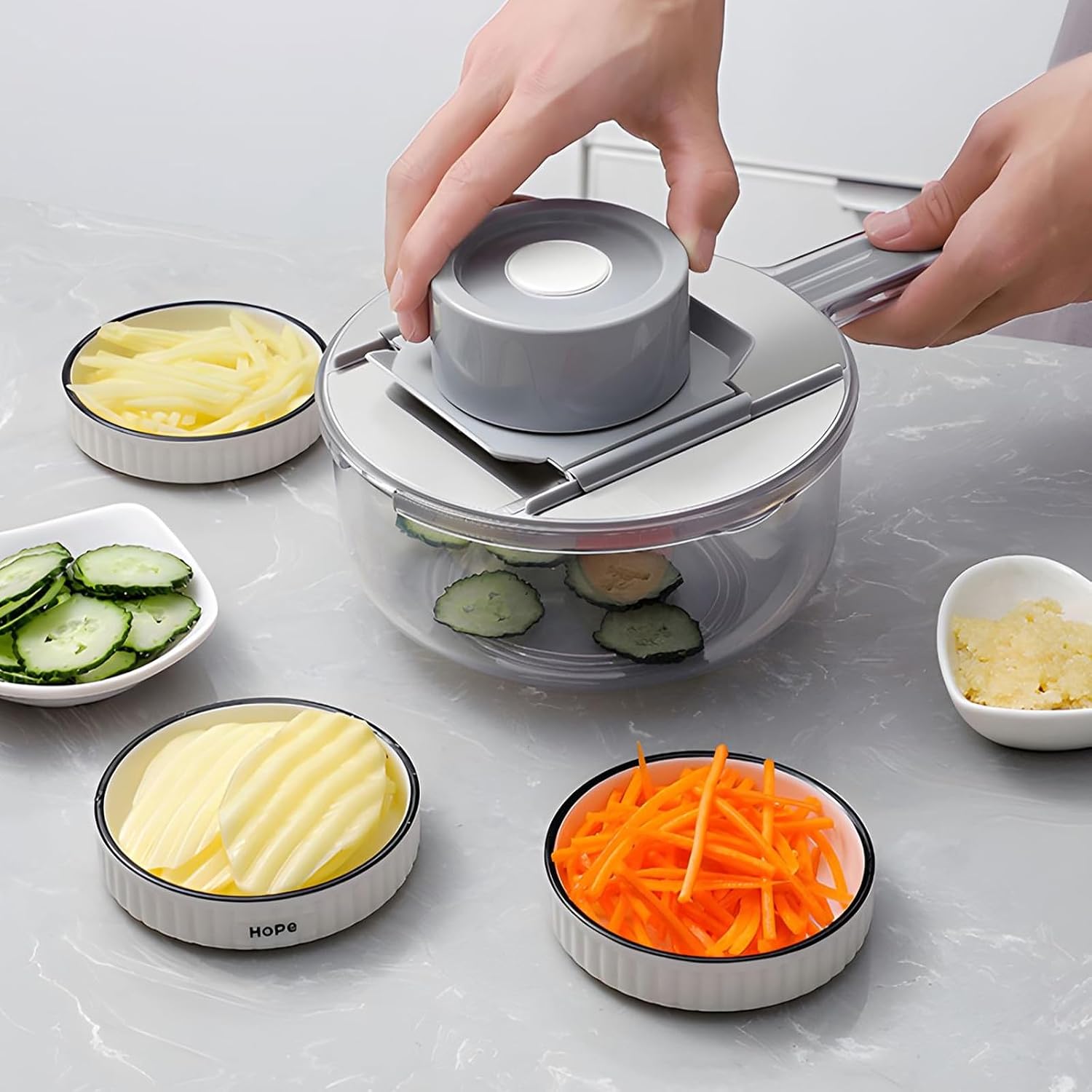 Vegetable Chopper-7 in 1 Food Slicer with 5 Stainless Steel Blades, Multifunctional Veggie Cutter with Container, Gray image 3