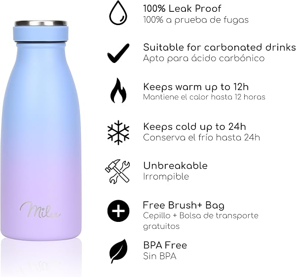 Milu Botella de acero inoxidable de 350ml 500ml 750 ml 1 L 1,5 L botella de agua aislada, termo a prueba de fugas, doble pared, apta para ácido carbónico + cepillo de limpieza (Azul Violeta, 350ml) - 2