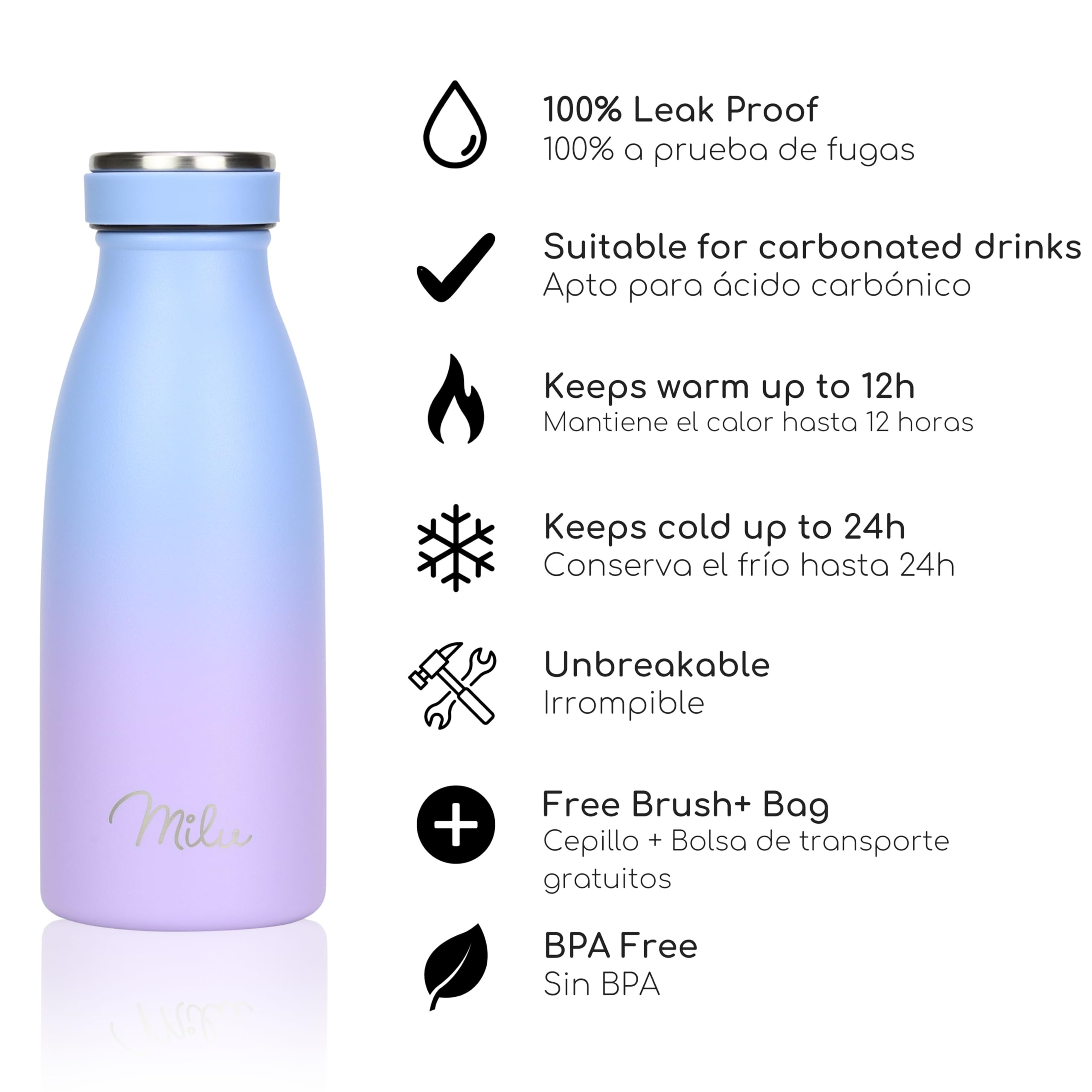Milu Botella de acero inoxidable de 350ml 500ml 750 ml 1 L 1,5 L botella de agua aislada, termo a prueba de fugas, doble pared, apta para ácido carbónico + cepillo de limpieza (Azul Violeta, 350ml) — view 2