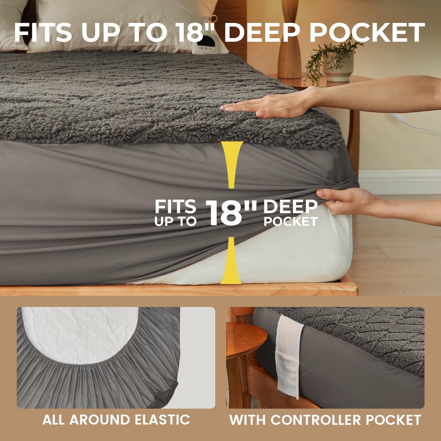 Electric Heated Mattress Pad 78x80IN Dual Controllers Heating Mattress Pad King Size 6 Heat Settings 1-9-Hour Timer Auto-Off Deep Pocket Machine Washable FCC&ETL Certificated Moonbeam Gray - Image 7