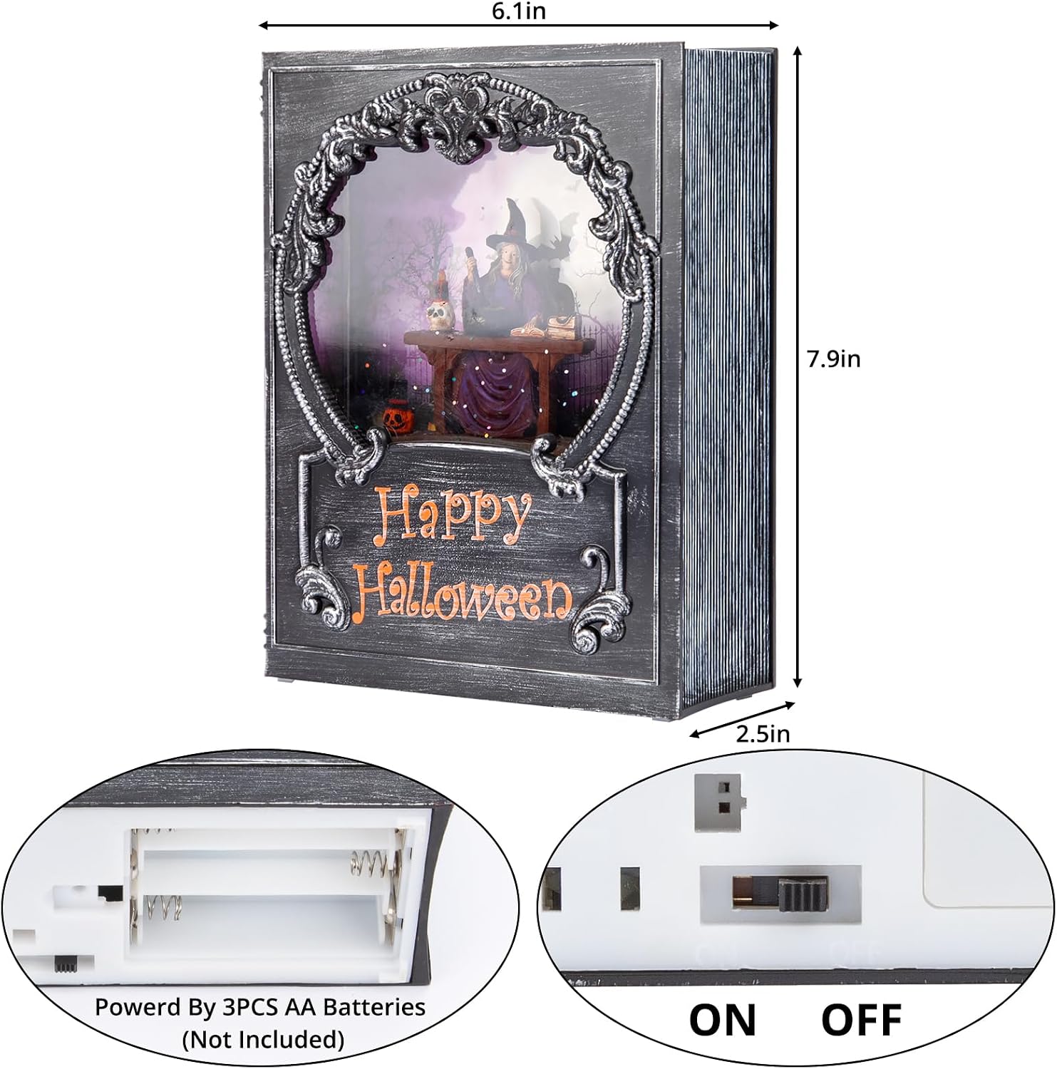 Halloween Decorations Snow Globe, Witch Swirling Glitter Book with Warm White LED, 3 AA Battery Operated & USB Powered, Halloween Holiday Party Gifts and Decorations