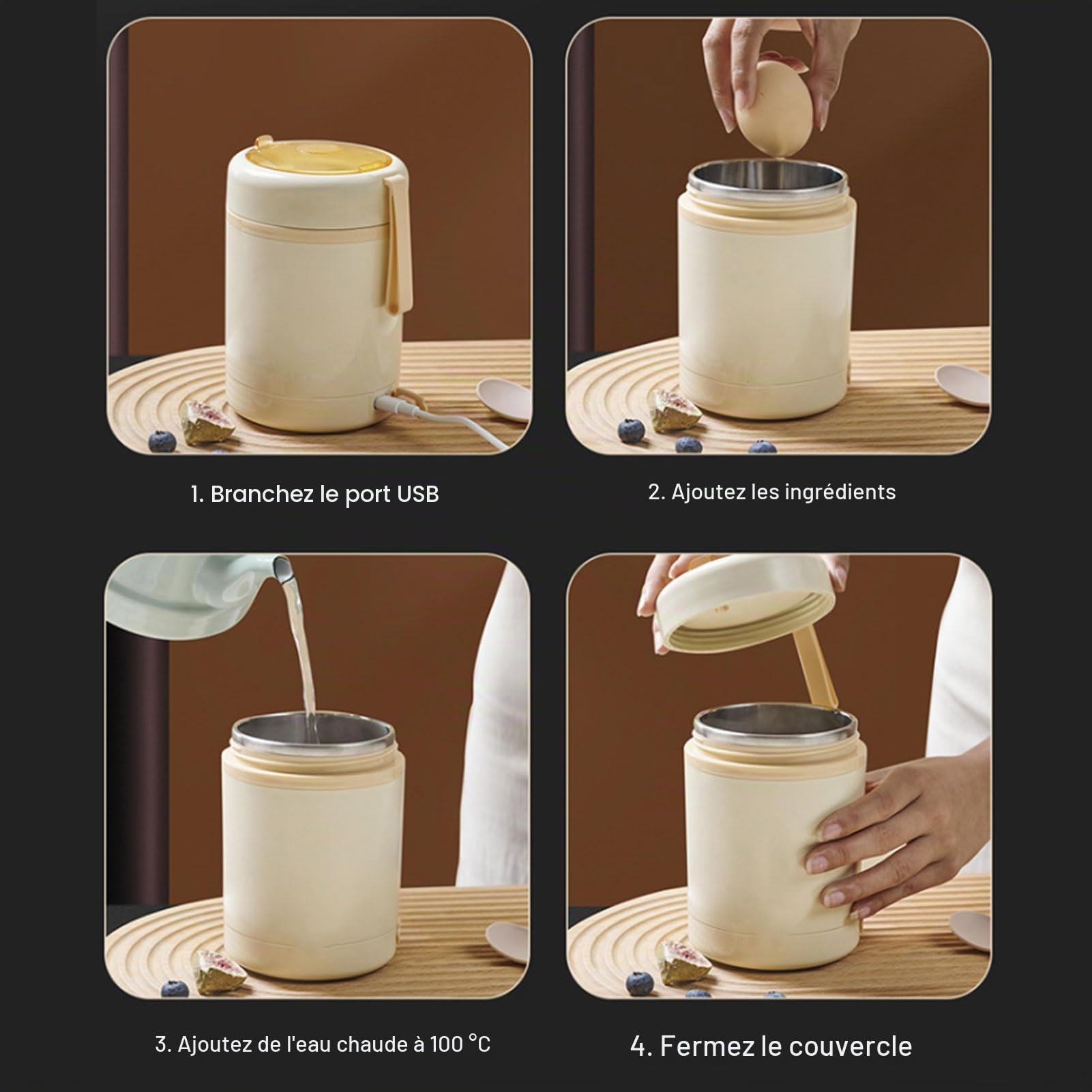 Réchauffeur de Nourriture électrique de Boîte à Déjeuner D'usb, Pot de Nourriture isolé de 600 Ml étanche de L'acier Inoxydable 304 60 ℃ à Température Constante avec la Cuillère (Beige)