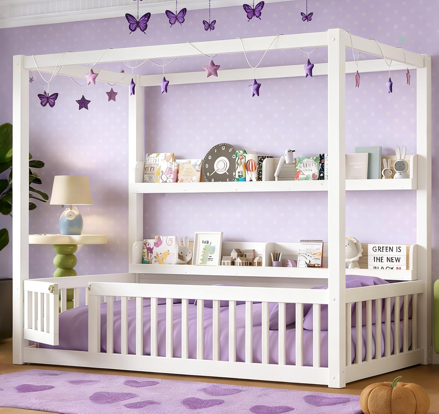 Bellemave Twin Canopy Bed with Rails and Slats,Wooden Floor Bed with Bookcase and 4 Poster Design,Montessori Floor Bed Frame,No Spring Box Needed（Twin,White）