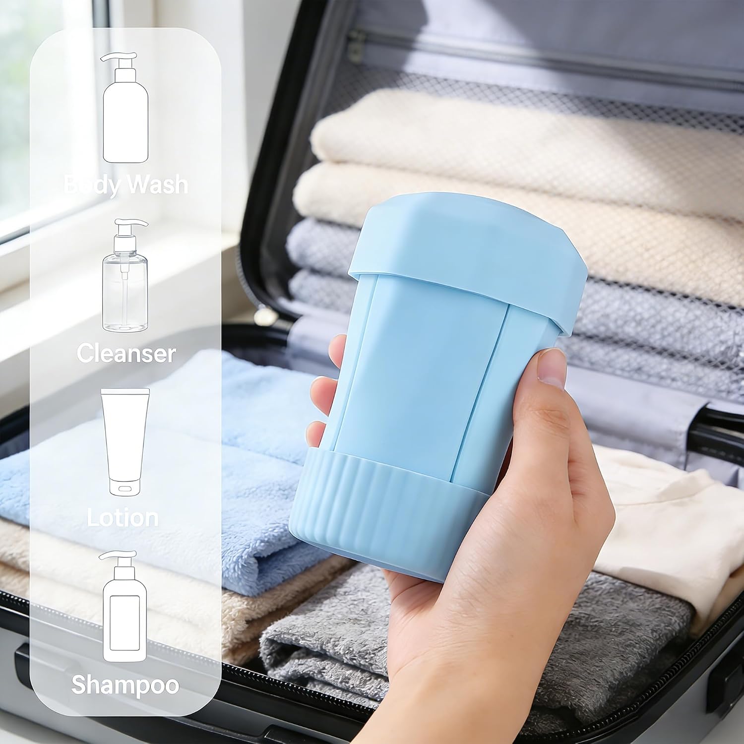 4 in 1 Silicone Travel Bottles, 50ml Refillable Squeeze Containers for Toiletries, Leak-Proof Travel Dispenser for Shampoo, Conditioner, Lotion & Body Wash (Blue)