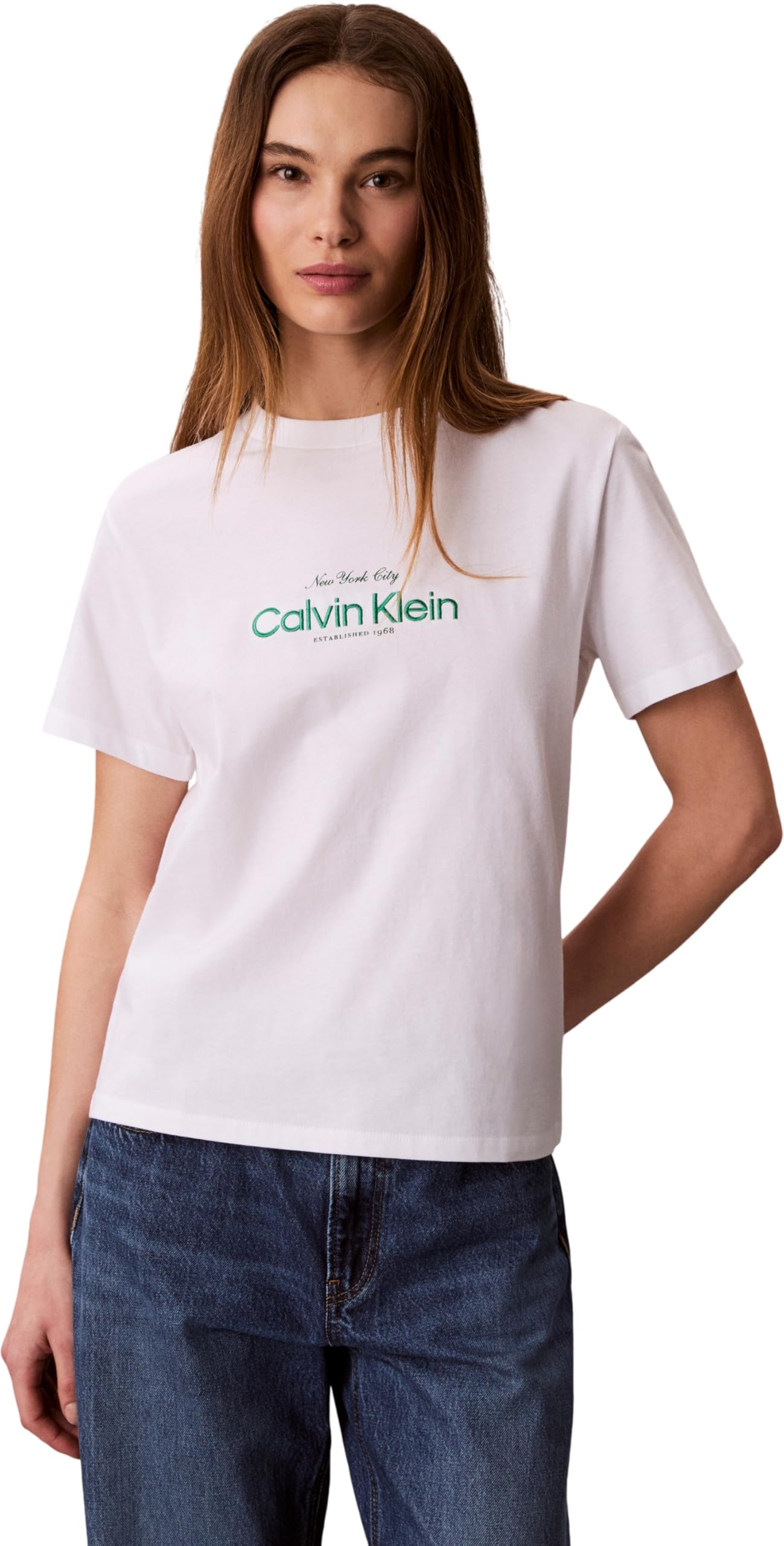 Calvin Klein Women's Ss Classic Ck NYC Logo Tee LV047F810G Graphic Tees, White, S