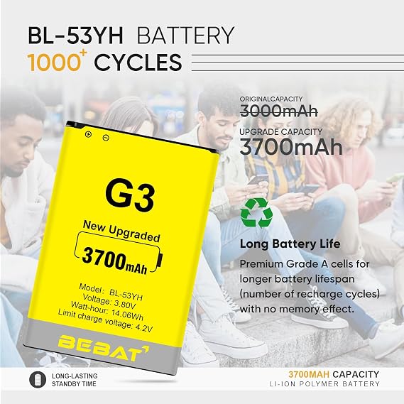 Replacement Battery for LG G3,3700mAh High Capacity New 0 Cycle Li-ion Battery for LG G3 Model D852, D855, D850, D851, VS985, LS990,BL-53YH