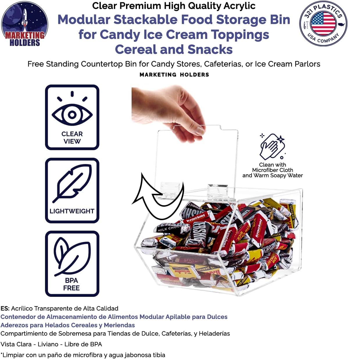 Marketing Holders Candy Bin 5” x 9" with Hinged Lid for Bakeries Convenience Stores and Retail Candy Stores Storage Nut Granola Top Opening Display Cabinet Bread Organizer