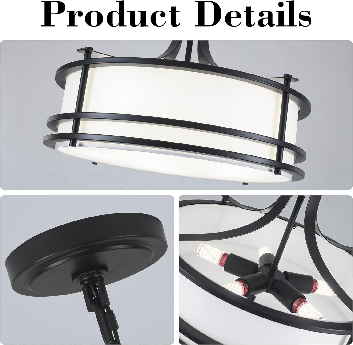 20" Black Drum Chandelier, Modern White Fabric Chandeliers, 5-Light Adjustable Large Drum Pendant Light Fixtures for Dining Room, Kitchen Island Living Room Foyer Bedroom