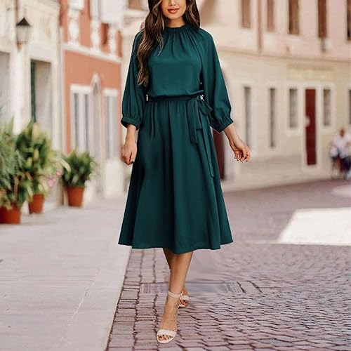 Vista 2 de Awear Vestidos de otoño para mujer 2023 con cuello redondo, vestido fluido de manga larga, vestido largo con vuelo, vestido de cóctel, vestido