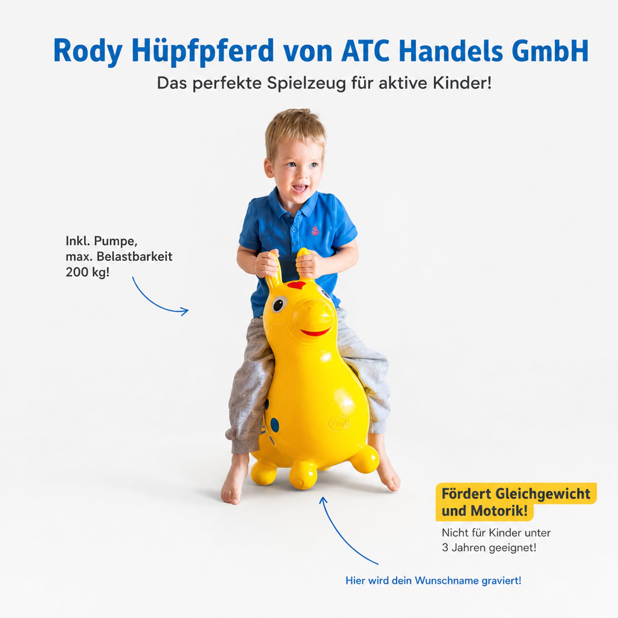 ATC Rody Hüpfpferd aufblasbares Hüpftier ab 3 Jahren Robustes PVC gelb