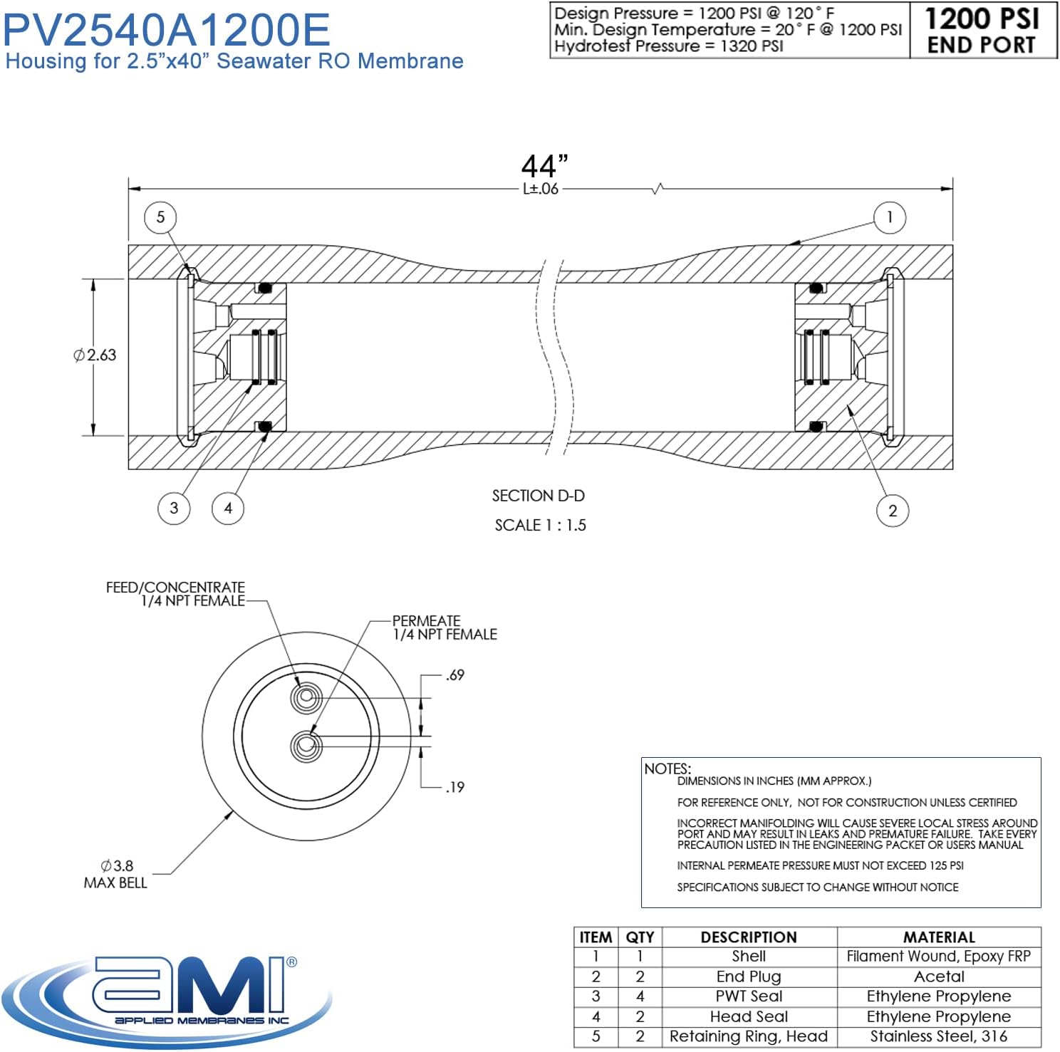 Seawater RO Membrane Housing for 2.5" x 40" SWRO Membrane | 1200 psi Fiberglass | Replacement Pressure Vessel for WaterMaker | Fits M-S2540A & SW30-2540 | PV2540A1200E (For 2.5" x 40" Membrane)