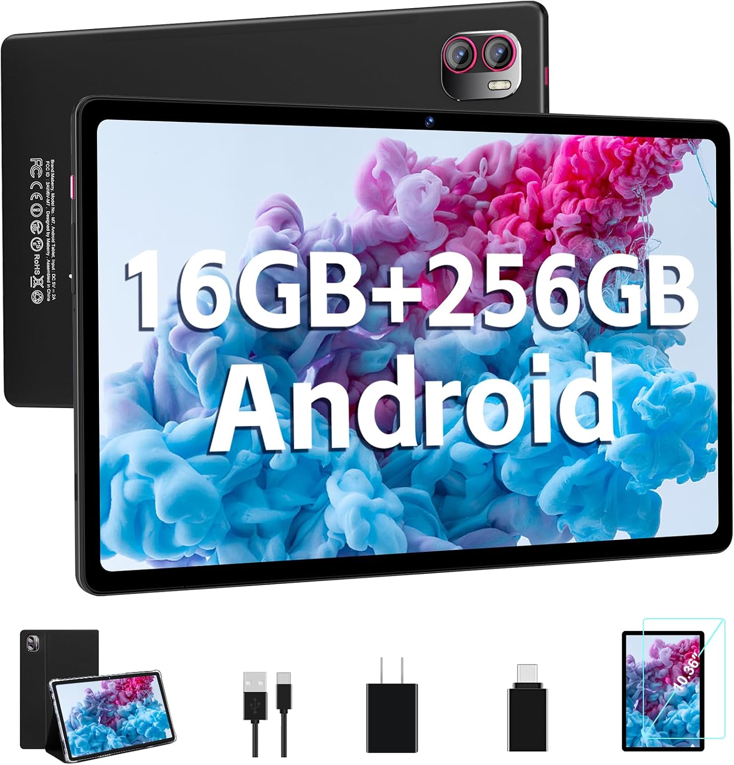 Tablet Android Tablet PC 10.36-Inch 2K Screen 16GB RAM + 256GB ROM + TF 1TB Octa-Core 2.0 GHz/ 2000 * 1200 8600 mAh / 5MP + 13MP/ 5G WiFi/Bluetooth 5.0, with Protective ase Black