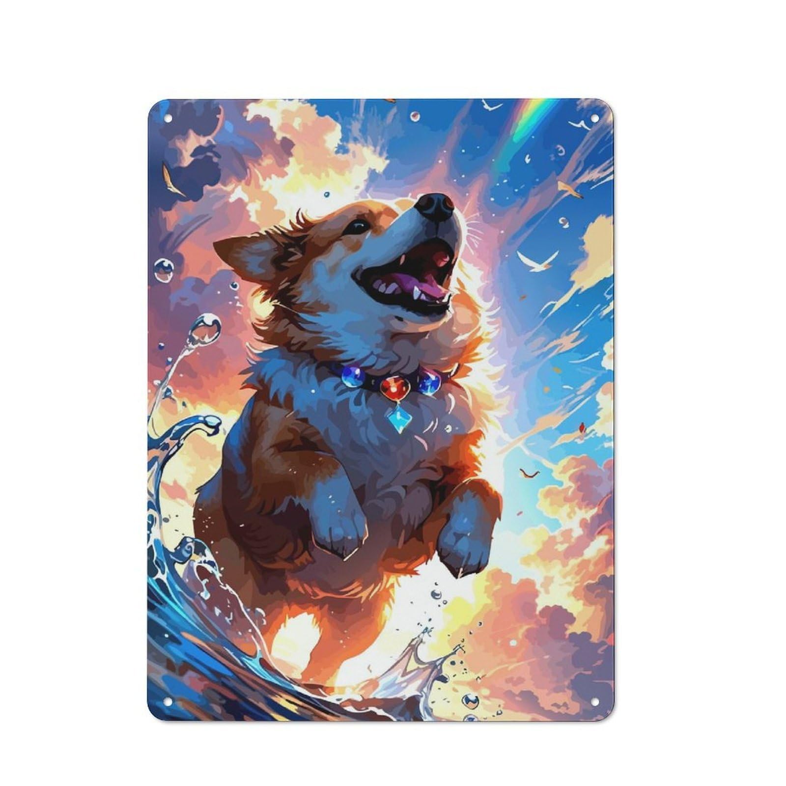 Junmoney Joyful Corgi In Water With Rainbow Vintage Metal Sign 40X30cm, Nostalgic Pub Wall Decor For Pub, Home Bar, Shed Or Man Cave