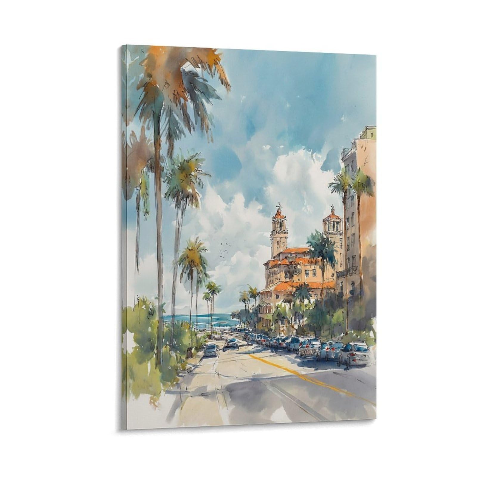XWYMXZ Miami Watercolor Traditional 20x30inch(50x75cm) Vintage Travel Poster Watercolor Canvas Art