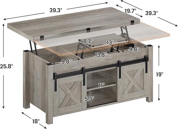SEDETA Farmhouse Lift Top Coffee Table with Storage and Hidden Compartment | 4 in 1 Multi-Function Convertible Coffee Tables Converts to Dining Table for Small Living Room, Grey