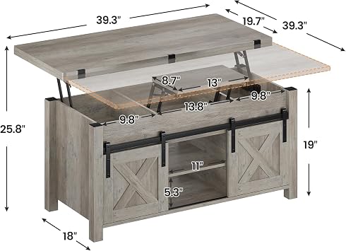 SEDETA Farmhouse Lift Top Coffee Table with Storage and Hidden Compartment | 4 in 1 Multi-Function Convertible Coffee Tables Converts to Dining Table for Small Living Room, Grey