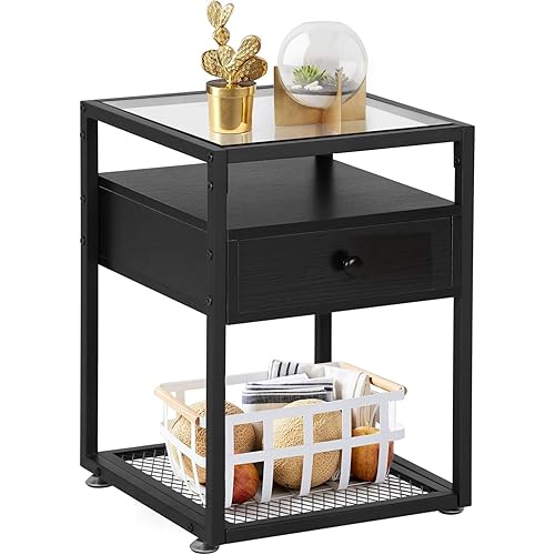 VECELO Nightstand Industrial Style End Side Table Cabinet with Drawer and Shelf Decoration in Living Room Bedroom Lounge, 15.7"X15.7"X21.7", Black