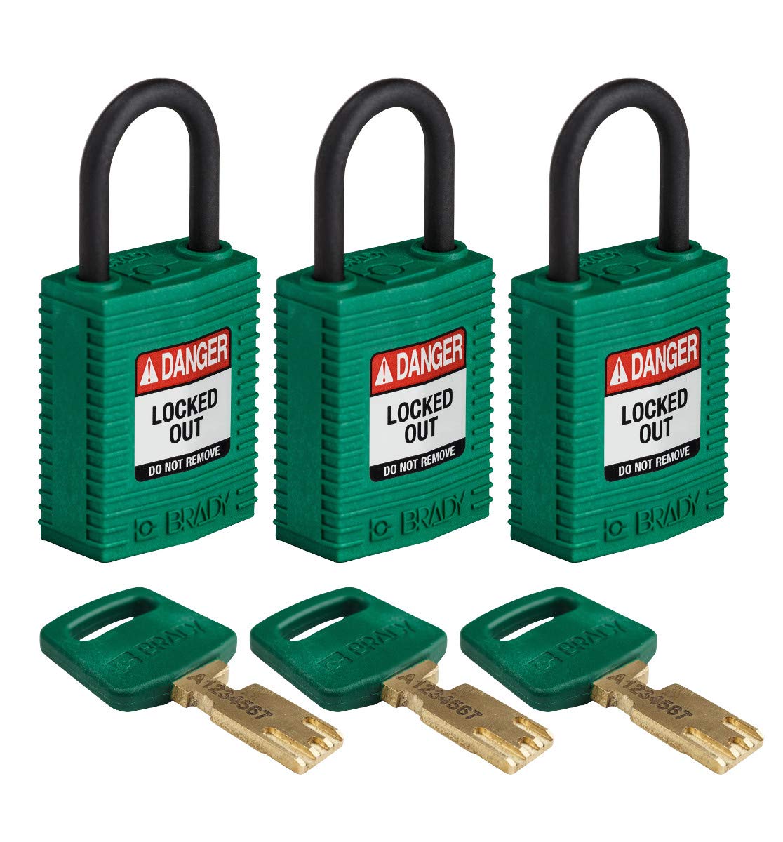 Brady SafeKey Lockout Padlock Nylon Green 1.0" Plastic Shkl Keyed Alike 3 Pk