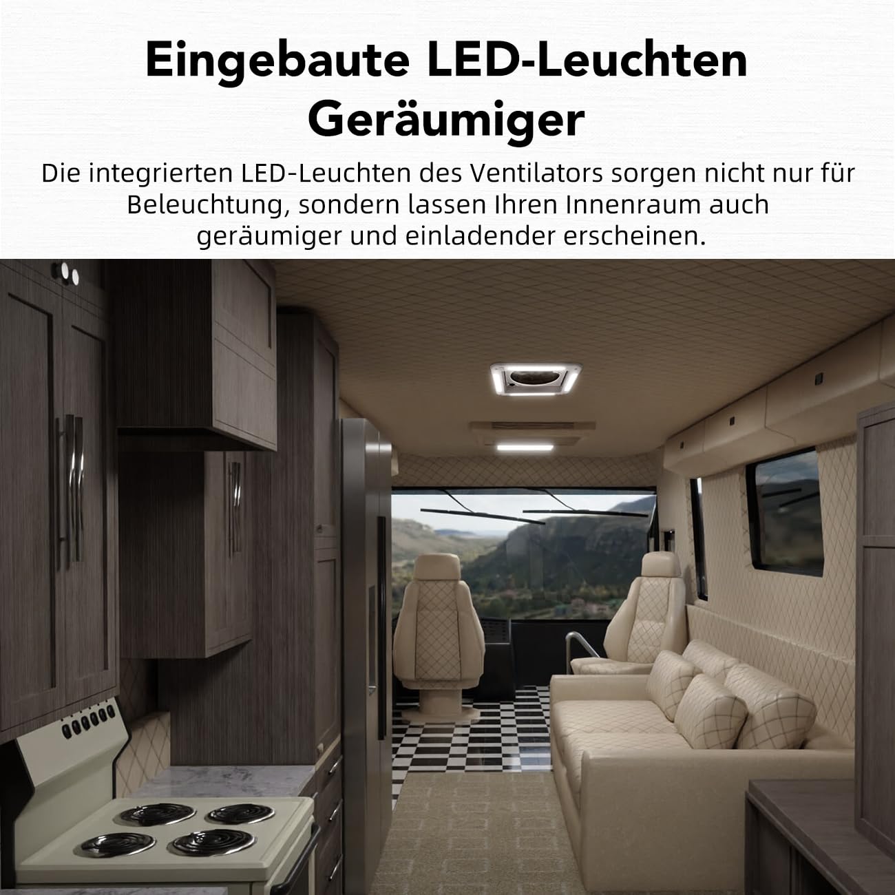 Dachluke Dachfenster Dachhaube 28 x 28 Wohnwagen Wohnmobil Caravan mit Insektenschutzgitter, Milchglashaube, Teleskopausstellern, UV-beständigem Kunststoff mit LED-Licht & Abluftventilator 12V