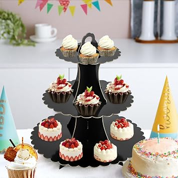 Soleebee 3-Tier Cupcake Stand, Cardboard Cupcake Tower, Dessert Cup Cake Stand Tower for Birthday Wedding Party Decoration, Cupcake Tier Stand 1 Set (Black)