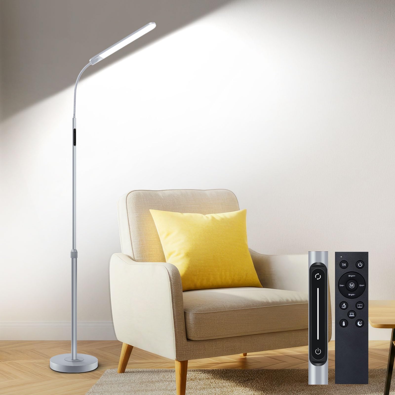 OUTON Dimmable LED Floor Lamp, Reading Lamp with 4 Color Temperatures, Remote Control and Touch Control, 1 Hour Timer, for Living Room, Bedroom, Office, Grey