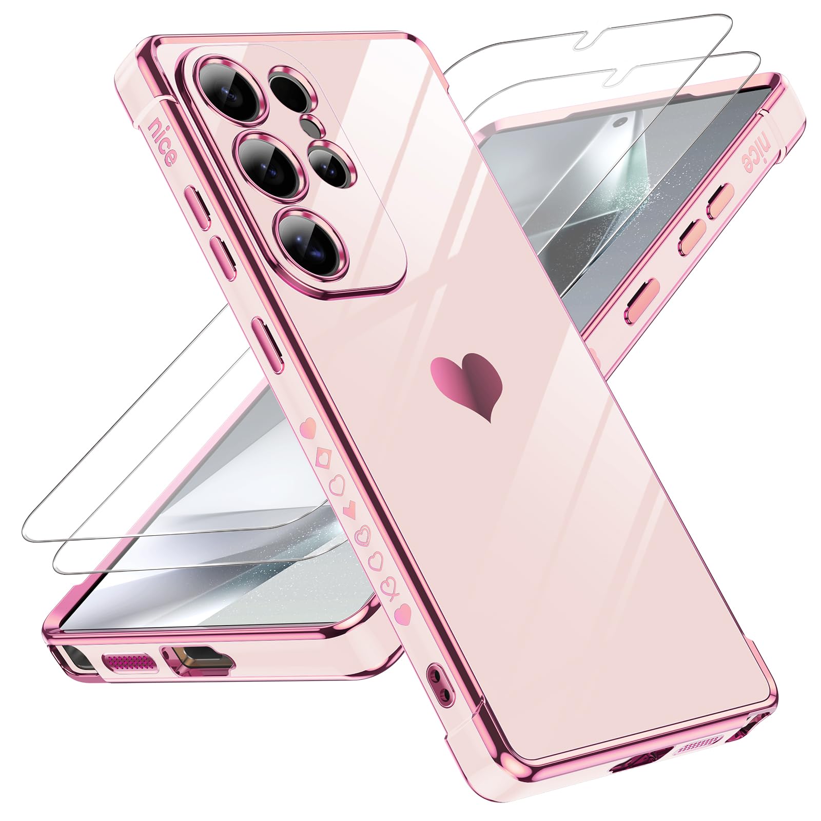 LeYi Handyhülle für Samsung Galaxy S25 Ultra Hülle mit 2*Schutzfolie, Cute Herz Muster TPU Silikon Galvanik Stoßfest Schutzhülle Cover Case, Kameraschutz Kratzfest für Samsung S 25 Ultra Rosa