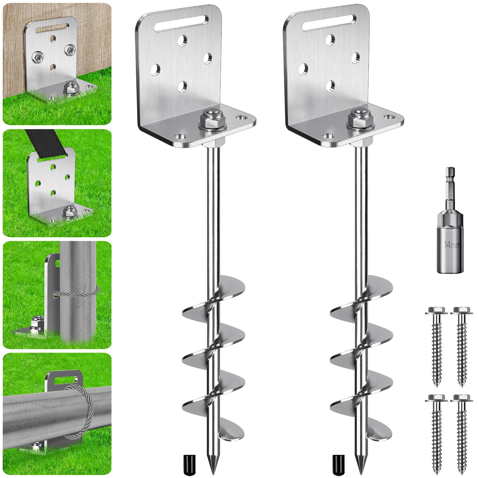 Photo 1 of 2 Pack 18 Inch Ground Anchors Screw In Trampoline Earth Anchor Stakes kit with Versatile L-shaped Bracket 20MM Spiral Swingset Anchors for Swing Set, Tent, Canopy, Carport, Sheds, Playset, Mobile Home